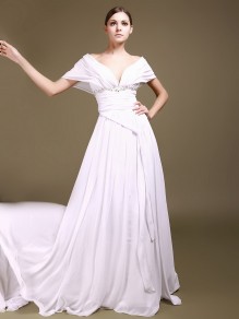 Sheath / Column V-neck Off-the-shoulder Chiffon Wedding Dresses 00101006