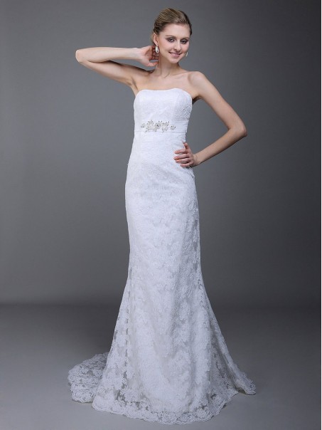 Sheath/Column Strapless Lace Wedding Dresses 00101029