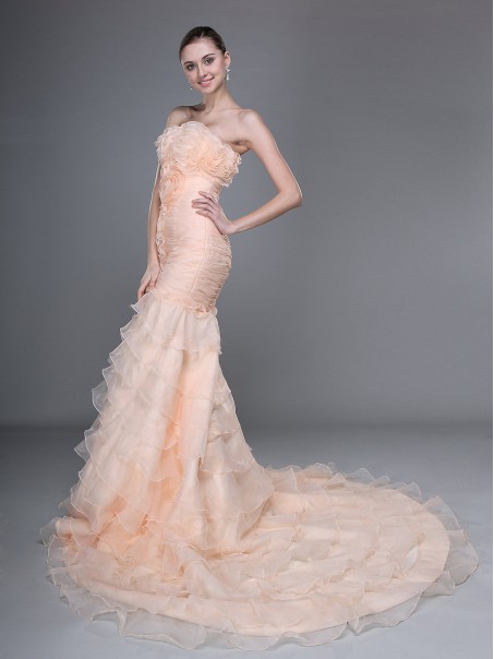 Trumpet/Mermaid Strapless Court Train Organza Tiered Wedding Dresses 00101033