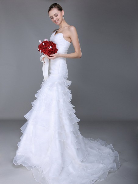 Trumpet/ Mermaid One Shouler Court Train Organza Tiered Wedding Dresses 00101034