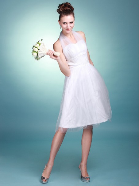 A-line Halter Satin Tulle Knee-length Wedding Dresses 00101065