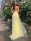 Long Yellow Lace and Tulle Prom Dress Formal Evening Gowns with Beads 901001