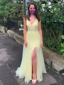 Long Yellow Lace and Tulle Prom Dress Formal Evening Gowns with Beads 901001
