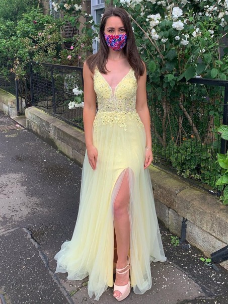 Long Yellow Lace and Tulle Prom Dress Formal Evening Gowns with Beads 901001