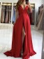 A-Line V Neck Long Prom Dresses Formal Evening Gowns with Slit 901002