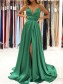 A-Line V Neck Long Prom Dresses Formal Evening Gowns with Slit 901002