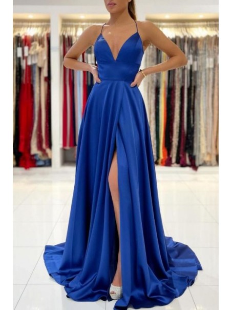 A-Line V Neck Long Prom Dresses Formal Evening Gowns with Slit 901002