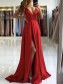 A-Line V Neck Long Prom Dresses Formal Evening Gowns with Slit 901002