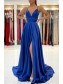 A-Line V Neck Long Prom Dresses Formal Evening Gowns with Slit 901002