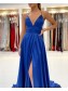 A-Line V Neck Long Prom Dresses Formal Evening Gowns with Slit 901002