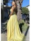 A-Line V Neck Long Yellow Prom Dresses Formal Evening Gowns with Slit 901003