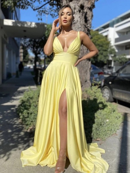 A-Line V Neck Long Yellow Prom Dresses Formal Evening Gowns with Slit 901003