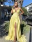 A-Line V Neck Long Yellow Prom Dresses Formal Evening Gowns with Slit 901003