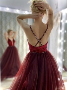 Burgundy Tulle Long Prom Dresses Formal Evening Gowns 901005