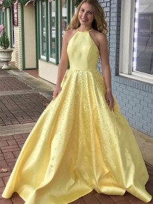 Long Yellow Satin Prom Dresses Formal Evening Gowns with Beads 901006
