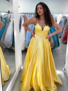 Long Yellow V Neck Satin Prom Dresses Formal Evening Gowns 901008