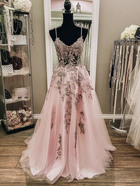 A-Line Long Pink Prom Dresses Formal Evening Gowns with Lace Appliques 901011