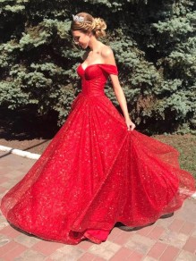 Long Red Sparkle Tulle Prom Dresses Formal Evening Gowns 901015