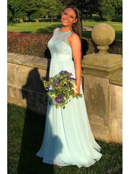 Long Blue Chiffon and Lace Prom Dresses Formal Evening Gowns 901016