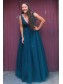 Long Navy Blue V Neck Lace and Tulle Prom Dresses Formal Evening Gowns with Beads 901017
