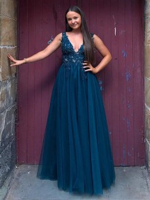Long Navy Blue V Neck Lace and Tulle Prom Dresses Formal Evening Gowns with Beads 901017 Long Navy Blue V Neck Lace and Tulle Prom Dresses Formal Evening Gowns with Beads 901017
