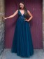 Long Navy Blue V Neck Lace and Tulle Prom Dresses Formal Evening Gowns with Beads 901017