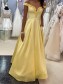 A-Line Long Yellow Satin Prom Dresses Formal Evening Gowns with Pockets 901019