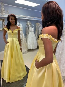 A-Line Long Yellow Satin Prom Dresses Formal Evening Gowns with Pockets 901019 A-Line Long Yellow Satin Prom Dresses Formal Evening Gowns with Pockets 901019