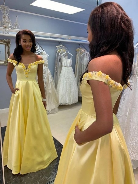 A-Line Long Yellow Satin Prom Dresses Formal Evening Gowns with Pockets 901019