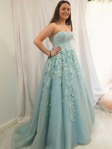 Long Strapless Tulle Prom Dresses Formal Evening Gowns with Lace Appliques 901022