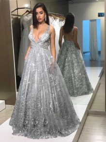 A-Line V Neck Lace Long Prom Dresses Formal Evening Gowns 901023 A-Line V Neck Lace Long Prom Dresses Formal Evening Gowns 901023