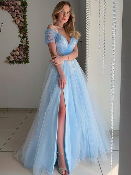 Long Blue Tulle Prom Dresses Formal Evening Gowns with Lace Appliques 901026