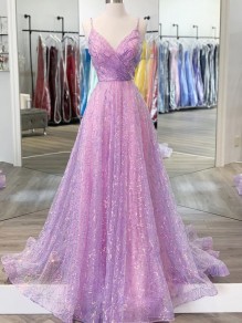 A-Line Sparkly Tulle Long Prom Dresses Formal Evening Gowns 901030