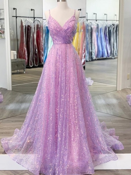 A-Line Sparkly Tulle Long Prom Dresses Formal Evening Gowns 901030