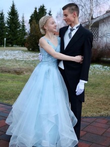 Long Blue Lace and Tulle Prom Dresses Formal Evening Gowns 901032