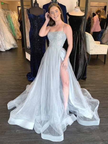 A-Line Tulle Long Beaded Prom Dresses Formal Evening Gowns 901034