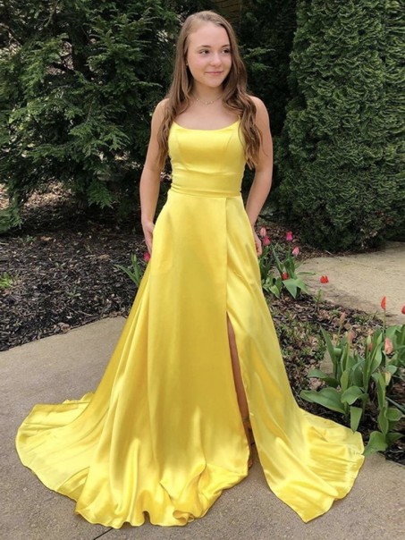 Long Yellow Prom Dresses Formal Evening Gowns with Slit 901037