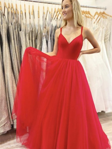 Long Red Tulle Prom Dresses Formal Evening Gowns 901038