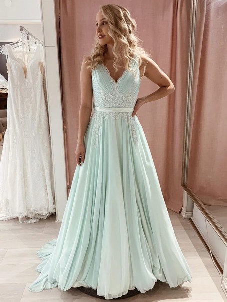 A-Line Chiffon and Lace Long Prom Dresses Formal Evening Gowns 901041