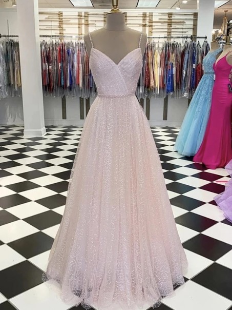 A-Line Sparkle Tulle Long Prom Dresses Formal Evening Gowns 901044