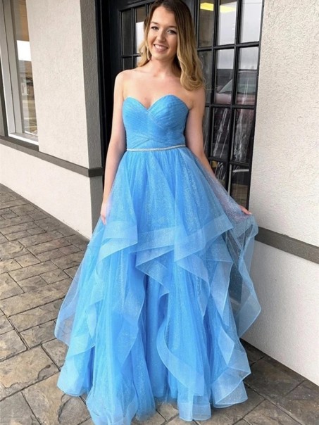 Long Blue Sparkly Tulle Prom Dresses Formal Evening Gowns 901045