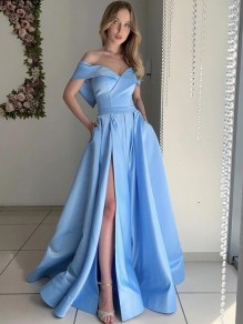 A-Line Long Blue Prom Dresses Formal Evening Gowns 901048