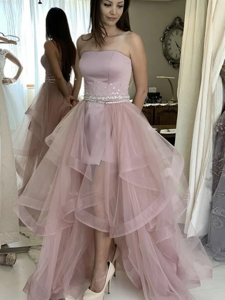 High Low Strapless Tulle Prom Dresses Formal Evening Gowns with Beads 901050