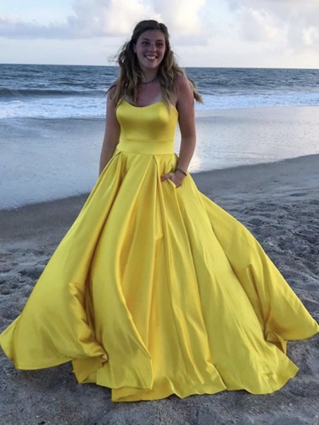 Long Yellow Strapless Satin Prom Dresses Formal Evening Gowns 901052