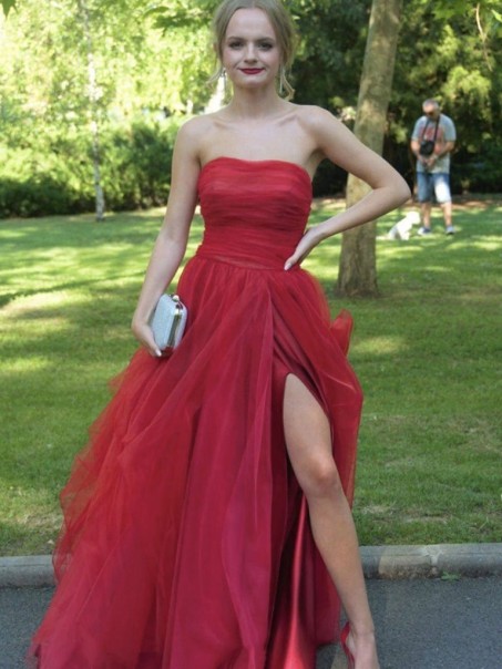 A-Line Strapless Tulle Long Prom Dresses Formal Evening Gowns 901056