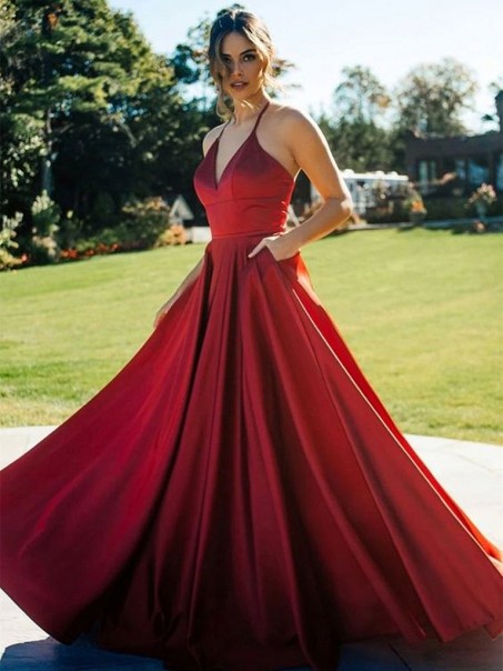 A-Line V Neck Satin Long Prom Dresses Formal Evening Gowns 901057