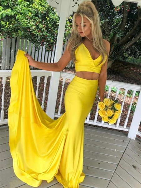 Mermaid Two Pieces Long Yellow Prom Dresses Formal Evening Gowns 901058