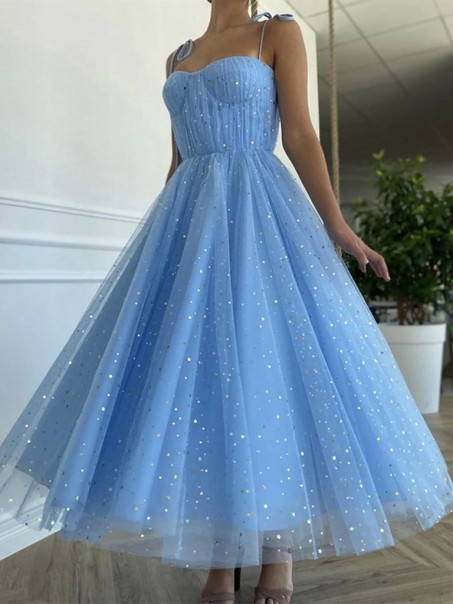 A-Line Blue Sparkle Tulle Prom Dresses Formal Evening Gowns 901059