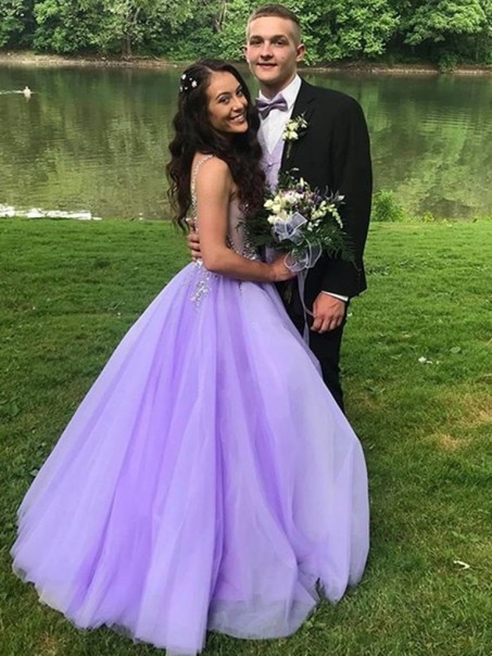 A-Line Lavender Tulle Long Beaded Prom Dresses Formal Evening Gowns 901061