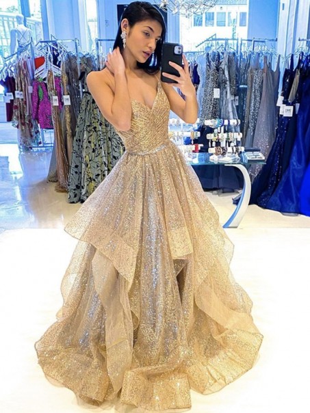 A-Line Sparkle Tulle Long Prom Dresses Formal Evening Gowns 901063